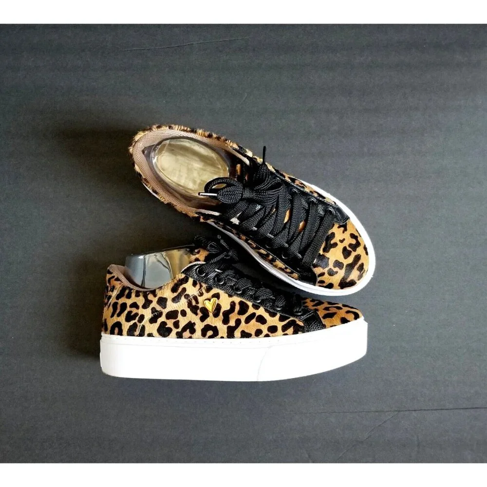 NATALY MENDEZ Brown Leopard Sneakers Sz 37 7 Lace Up Leather Calf Hair - Picture 9 of 15